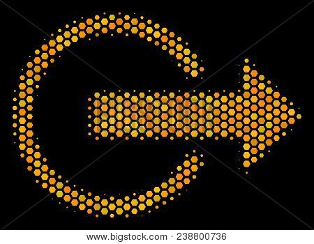 Halftone Hexagon Logout Icon. Bright Golden Pictogram With Honeycomb Geometric Structure On A Black 