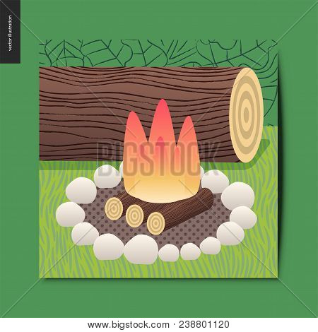 Simple Things - Camp Fire And Firewood With White Stones, And A Log For Sitting On The Background, S