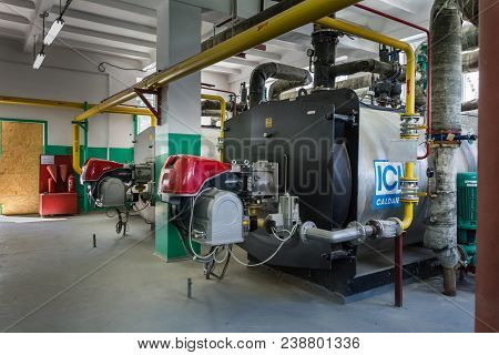 Bendery, Moldova - April 27: Heating Boilers For Heating Water Ici Caldaie And Gas Burners Riello At
