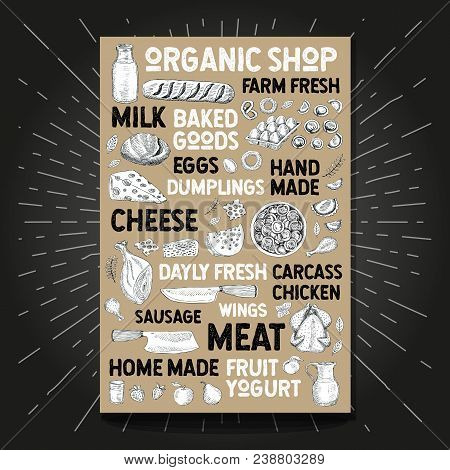 Food Poster Drawing Organic Market Farm Fresh. Sketch Milk Bottle Mug Poultry Bakery Bread Cheese Sp