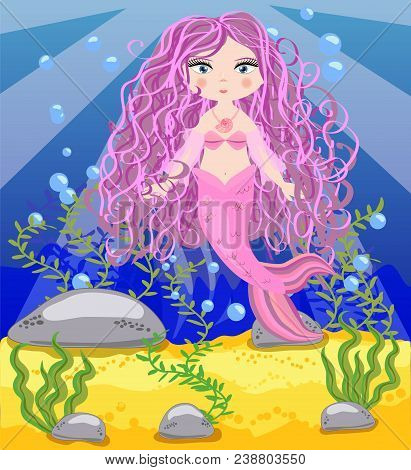 Vector Background With An Underwater World In A Children's Style. A Mermaid Is Sitting On A Rock. Wo