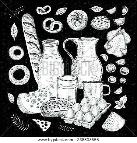 Food Objects Drawing Elements. Sketch Chalk Milk Bottle Mug Poultry Hen Fresh Bread Cheese Split Car