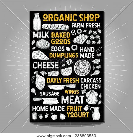 Food Poster Drawing Organic Market Farm Fresh. Sketch Milk Bottle Mug Poultry Bakery Bread Cheese Sp
