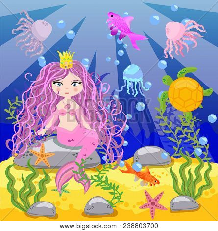 Vector Background With An Underwater World In A Children's Style. A Mermaid Is Sitting On A Rock. Wo