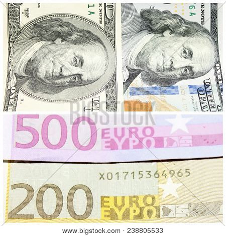 Fragments Of Hundred-dollar Banconotes And Banknotes Of Two Hundred And Five Hundred Euros Close-up
