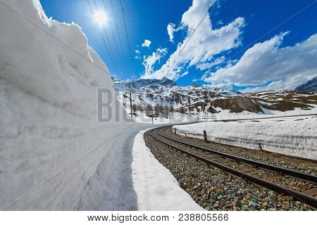 Snow-wall For The Passage Of The Rhaetian Railway On The Swiss Alps
