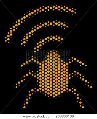 Halftone Hexagonal Radio Bug Icon. Bright Golden Pictogram With Honeycomb Geometric Structure On A B