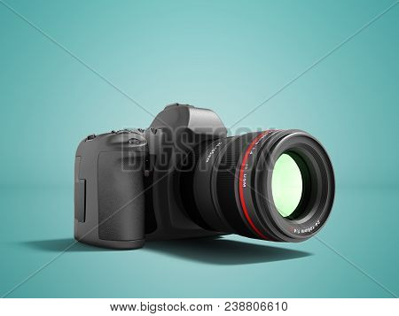 Semiprofessional Zoom Camera With Black Leather Inserts 3d Render On Blue Background With Shadow