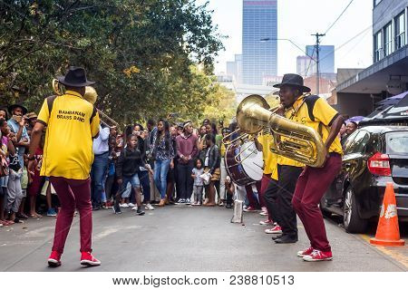 Johannesburg, South Africa, April 29-2018: Buskers Playing On The Streets. Brass Band Performing In 