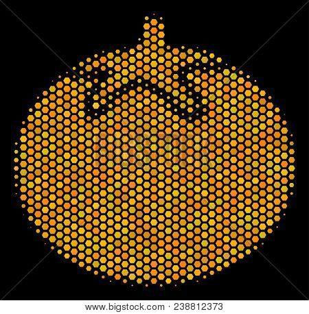 Halftone Hexagon Tomato Vegetable Icon. Bright Gold Pictogram With Honey Comb Geometric Structure On
