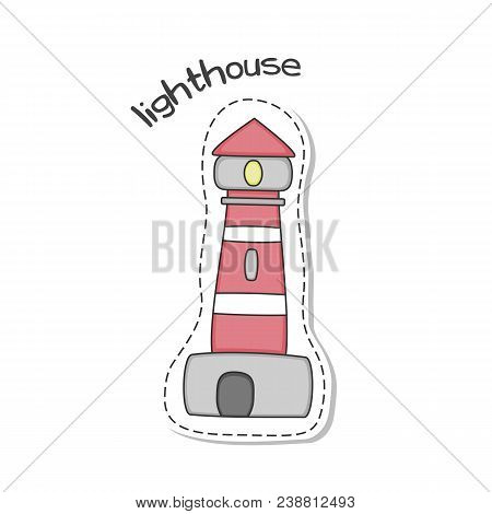 Sticker With Llighthouse On White Background. Vector Illustration.