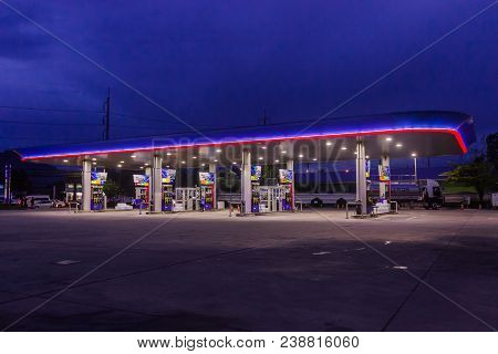 Phuket, Thailand - May 2, 2018: Gas Station Of Petroleum Authority Of Thailand (ptt) In Ealy Nigh Ti