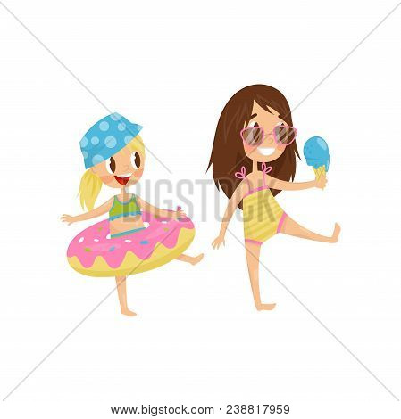 Cartoon Character Of Children In Swimwear. Cute Little Kid With Rubber Swimming Ring. Funny Girl In 