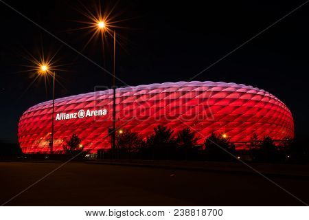 Munich, Germany - 29 April 2018: Allianz Arena, The Football Stadium Of Fc Bayern, Illuminated In Re