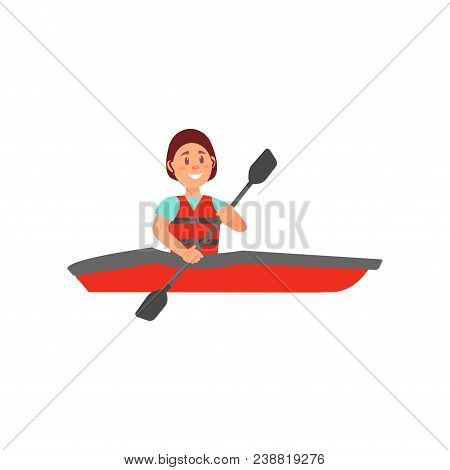 Woman Engaged In Kayaking. Cheerful Young Girl Sitting In Red Kayak And Holding Paddle. Cartoon Fema