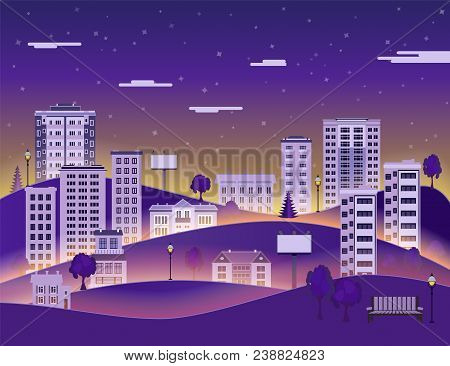 City Paper Landscape In Night With Multistorey Apartment Houses And Office Buildings, Public Park On