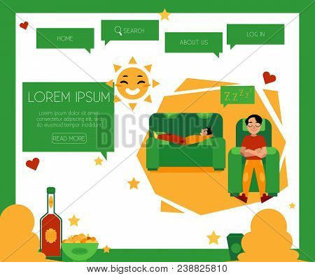 Body Relaxation Concept At Web Page Template - Man Regain Strength Sitting And Lying In Comfortable 