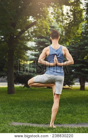Young Man Practicing Yoga In Tree Pose, Making Asana Exercises. Guy Do Reverse Prayer Pose, Back And