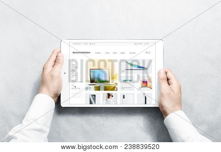 Hands Holding Tablet With Electronic Webstore Mock Up On Screen, Isolated. Phones Web Page Interface