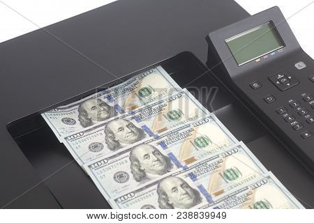 Printer And Dollar Bills Isolated On A White Background