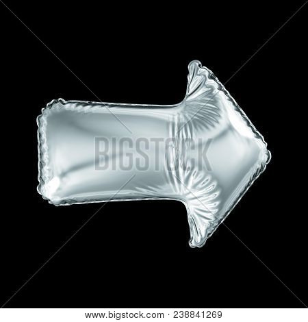 Silver arrow icon made of inflatable balloon isolated on black background. 3d rendering