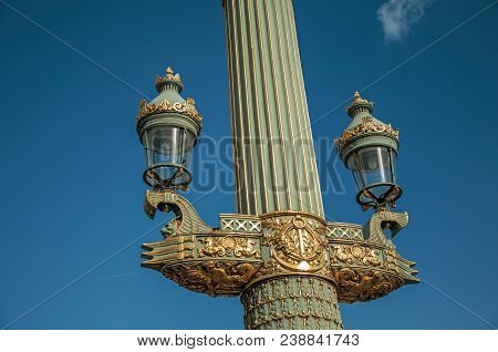 Close-up Of Rich Decoration In Green And Gold Of Lamp At The Place De La Concorde In Paris. Known As