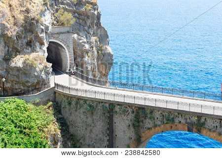 Famous Picturesque Winding Road And Viaduct Of Amalfi Summer Coast, Italy