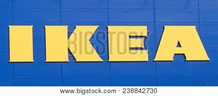 Vilnius, Lithuania - April 19, 2019: Ikea Logo Of Company On Facade Of Company Store Of Furniture Fo