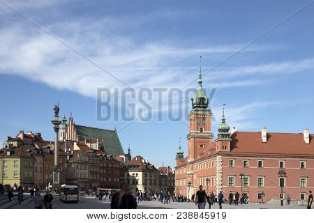 Warsaw, Poland - April 28, 2018 , Zygmunt Column, Castle Square, Old Town, Warsaw, Poland
