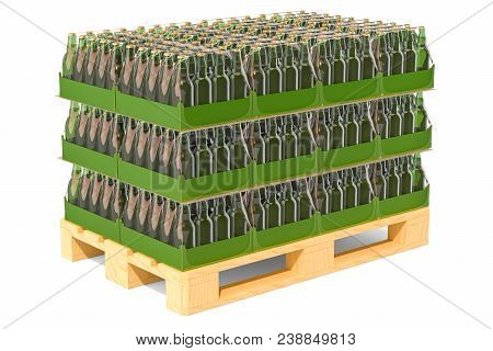Beer Bottles In Shrink Film On The Wooden Pallet, 3d Rendering Isolated On White Background