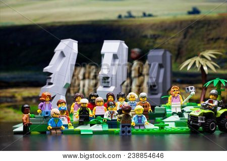 RUSSIA, April 17, 2018. Constructor Lego. Three moai standup in Easter Island.