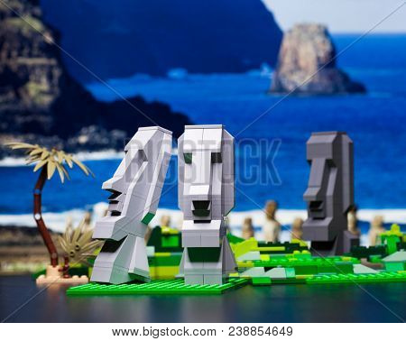 RUSSIA, April 17, 2018. Constructor Lego. Three moai standup in Easter Island.