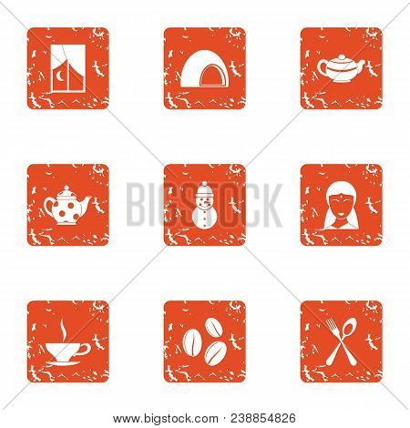 Tea Vesper Icons Set. Grunge Set Of 9 Tea Vesper Vector Icons For Web Isolated On White Background