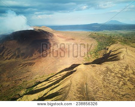Nicaragua Travel Theme. Volcano And Lagoon In Central American Landscape