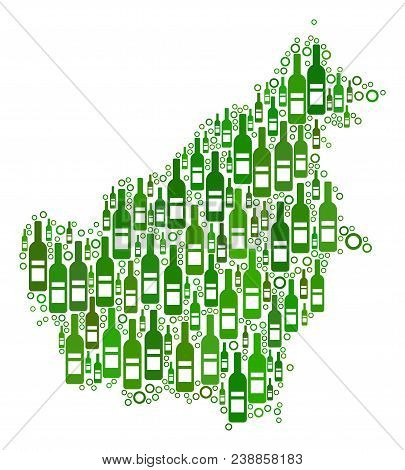 Borneo Island Map Collage Of Alcohol Bottles And Empty Circles In Variable Sizes And Green Color Tin
