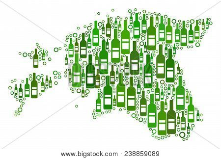 Estonia Map Collage Of Wine Bottles And Empty Circles In Variable Sizes And Green Color Tinges. Abst