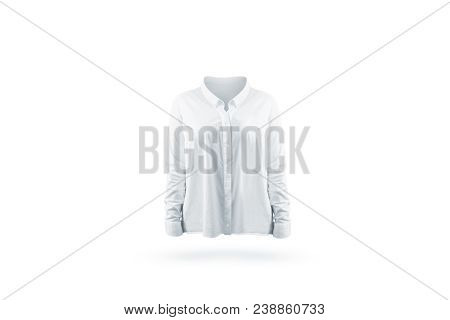 Blank White Classic Woman Shirt Mock Up Front View, Isolated. Empty Office Jacket With Long Sleeves 