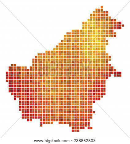 Dot Fire Borneo Island Map. Vector Geographic Map In Bright Orange Color Tones On A White Background
