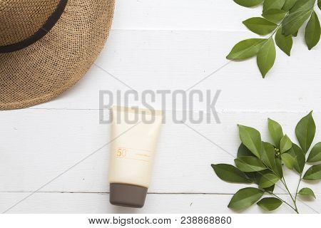Natural Cosmetic For Skin Face Sunscreen Spf50 For Lifestyle Woman Relax Summer On Background White