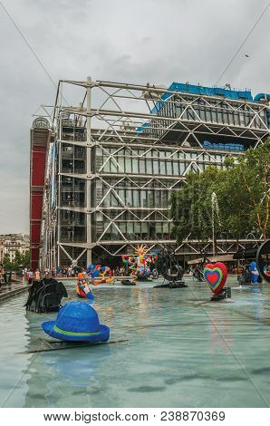 Paris, Northern France - July 09, 2017. Colorful Stravinsky Fountain In Front Of Center Georges Pomp