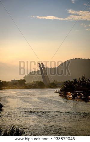 Marapendi Lagoon Seen From Above With Houses On The Hill During Sunset, Golden Light. Jet Skis Are R
