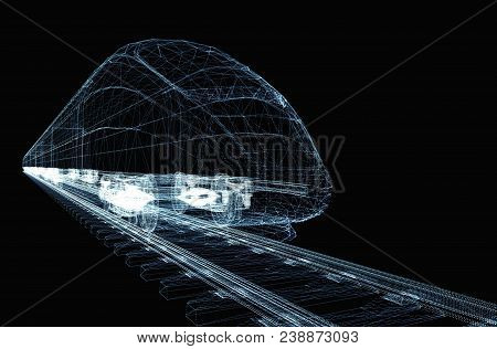 Abstract Polygonal High-speed Passenger Train. Traveling Concept. 3d Illustration On Black Backgroun