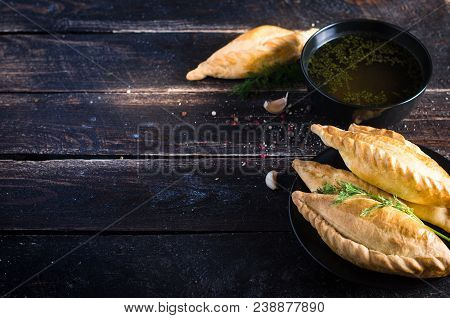 Chicken Broth With Pastries, Mutton And Mushroom Pie. Free Space For Your Text