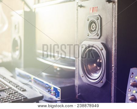Music Recording Home Studio Close Up With Computer And Speakers