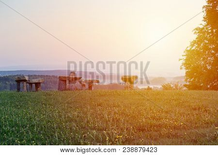 Stonehenge In Village Krasejovka At Sunrise, Czech Landscape