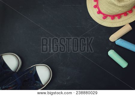 Sport Boots Children Chalkcs Chalkboard Textured Background Copy Space.