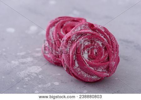 Dessert Meringues Cookies. On Gray Background With Copy Space