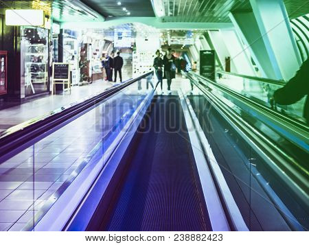 Moving Travolator Walkway In The Airport Magenta Neon Colours Toned