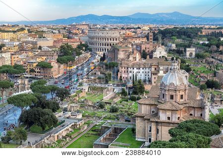 Rome Skyline With Colosseum And Roman Forum, Rome, Italy.