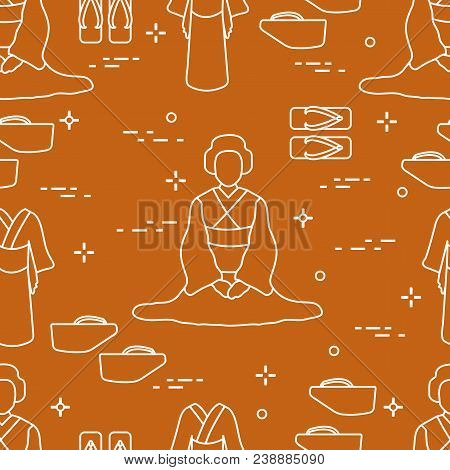 Seamless Pattern With Asian Woman, Traditional Japanese Clothing, Shoes. Travel And Leisure.